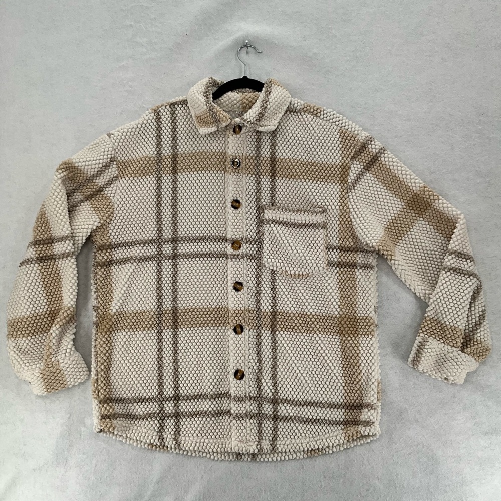 NWOT Zaful Fuzzy Fleece Plaid Pocket Single breasted Jacket Light Coffee Medium